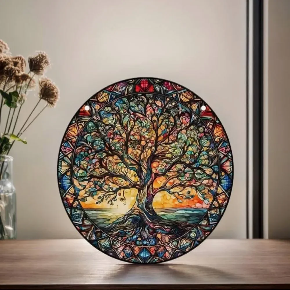 Elegant Multicolor faux Stained Glass Tree Wall Decor